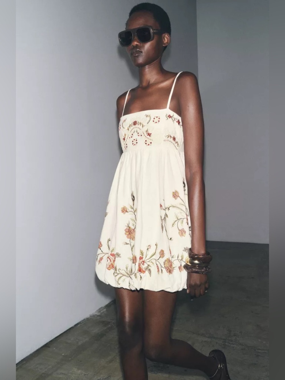 Zara Cream Floral Embroidered Spaghetti-Strap Mini Bohemian Dress